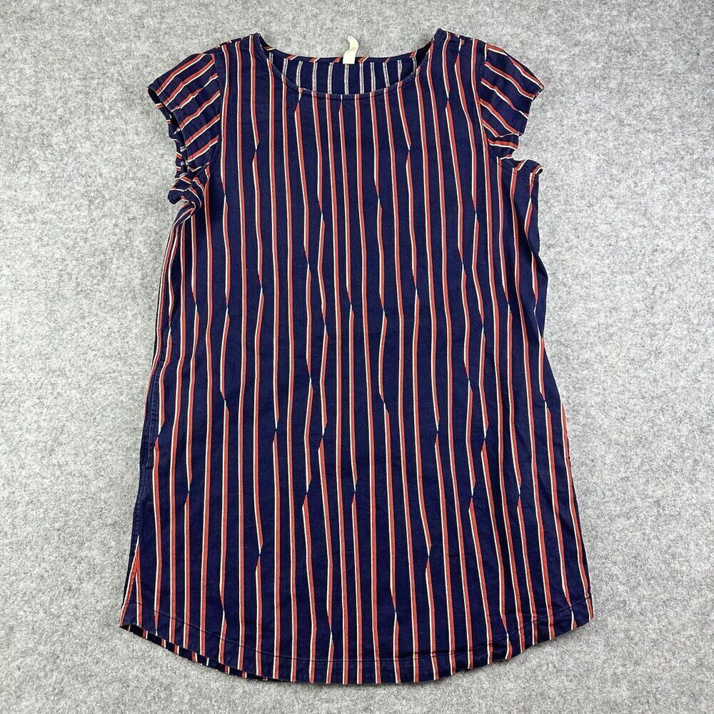 Hanna Andersson Dress Womens L Blue Stripe Shift Stretch Cap Sleeves Pockets